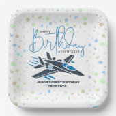Jongen eerste verjaardag straaljager vliegtuig bla papieren bordje (Voorkant)