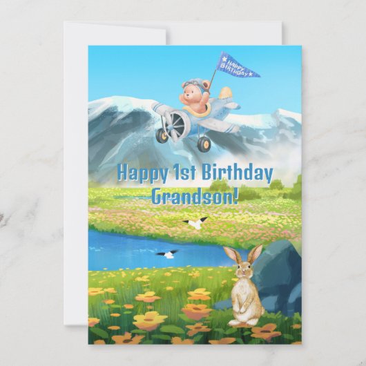 Jongen Eerste Verjaardag Teddybeer Vliegtuig Klein Feestdagenkaart (Voorkant)