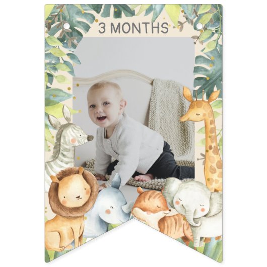 Jongen, eerste verjaardagsfotobanner oerwoud thema vlaggetjes (Tweede vlag)