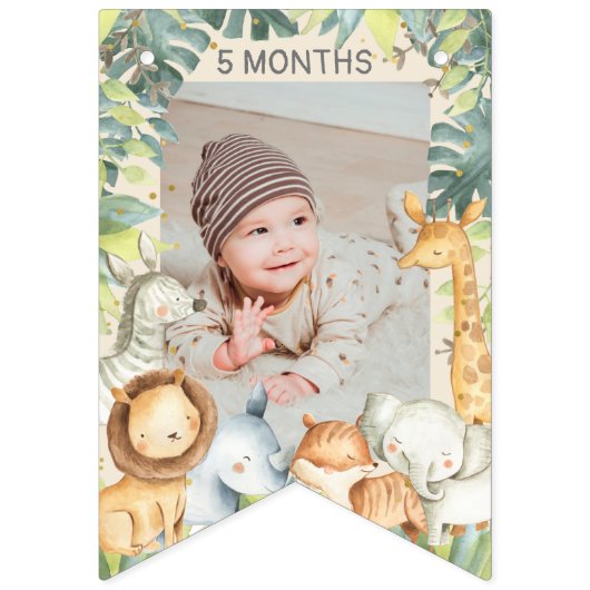 Jongen, eerste verjaardagsfotobanner oerwoud thema vlaggetjes (Eerste vlag)