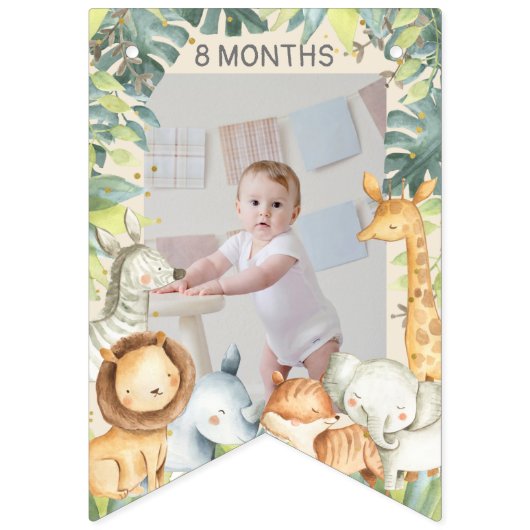 Jongen, eerste verjaardagsfotobanner oerwoud thema vlaggetjes (Derde vlag)