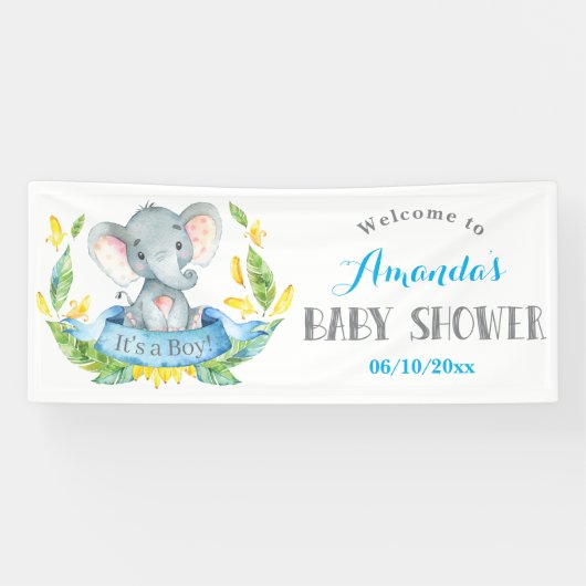 Jongen Elephant Baby shower Blue en Grey Banner (Horizontaal)