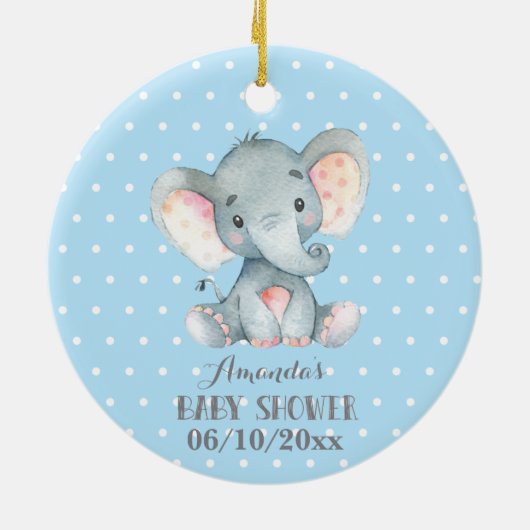 Jongen Elephant Baby shower Blue en Grey Keramisch Ornament (Achterkant)
