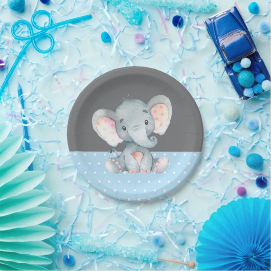 Jongen Elephant Baby shower Blue en Grey Papieren Bordje (Feest)