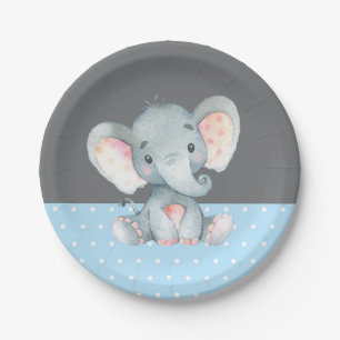 Jongen Elephant Baby shower Blue en Grey Papieren Bordje