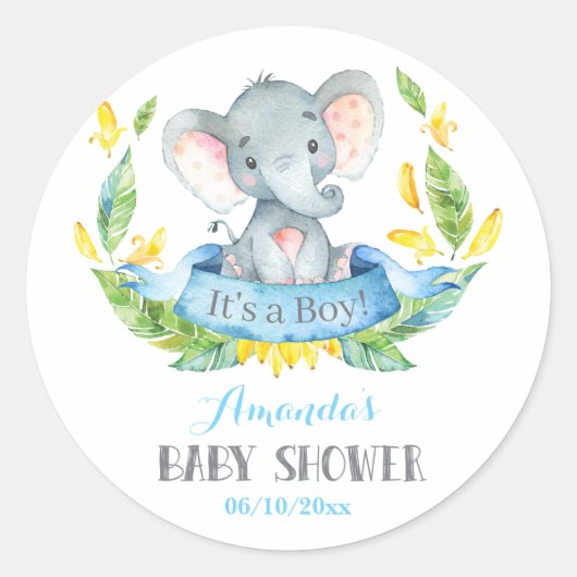 Jongen Elephant Baby shower Blue en Grey Ronde Sticker (Voorkant)