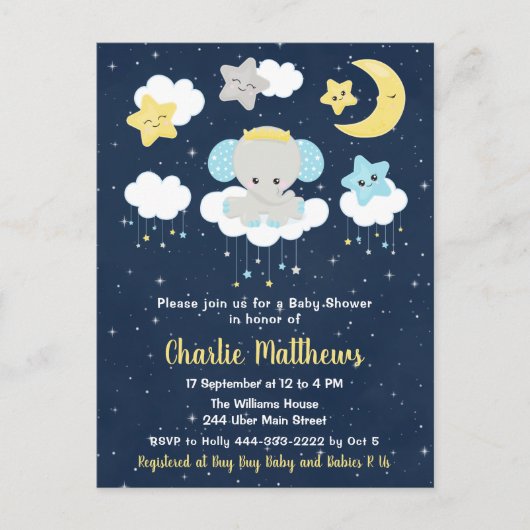 Jongen Elephant Baby shower Blue en Navy Briefkaart (Voorkant)