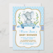 Jongen Elephant Baby shower Blue & Gold Invite Kaart (Voorkant)