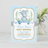 Jongen Elephant Baby shower Blue & Gold Invite Kaart (Staand voorkant)
