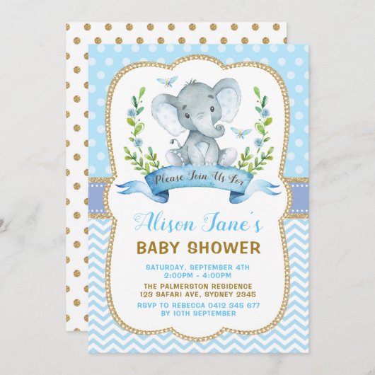 Jongen Elephant Baby shower Blue & Gold Invite Kaart (Voorkant / Achterkant)