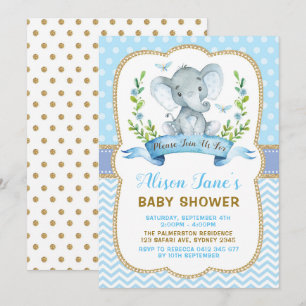Jongen Elephant Baby shower Blue & Gold Invite Kaart