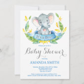 Jongen Elephant Baby shower Invitation Blue en Gre Kaart (Voorkant)