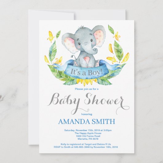 Jongen Elephant Baby shower Invitation Blue en Gre Kaart (Voorkant)