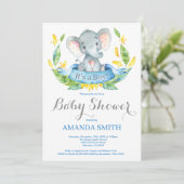 Jongen Elephant Baby shower Invitation Blue en Gre Kaart (Staand voorkant)