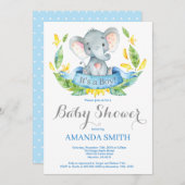 Jongen Elephant Baby shower Invitation Blue en Gre Kaart (Voorkant / Achterkant)