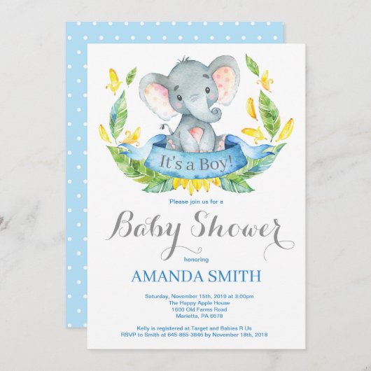 Jongen Elephant Baby shower Invitation Blue en Gre Kaart (Voorkant / Achterkant)