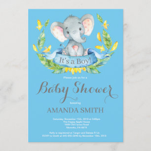 Jongen Elephant Baby shower Invitation Blue en Gre Kaart