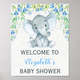 Jongen Elephant Baby shower Welkom Sign Blue Flora Poster