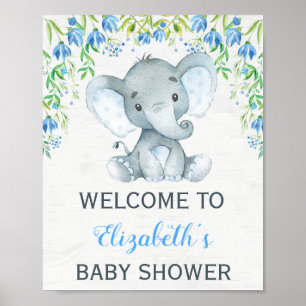 Jongen Elephant Baby shower Welkom Sign Blue Flora Poster