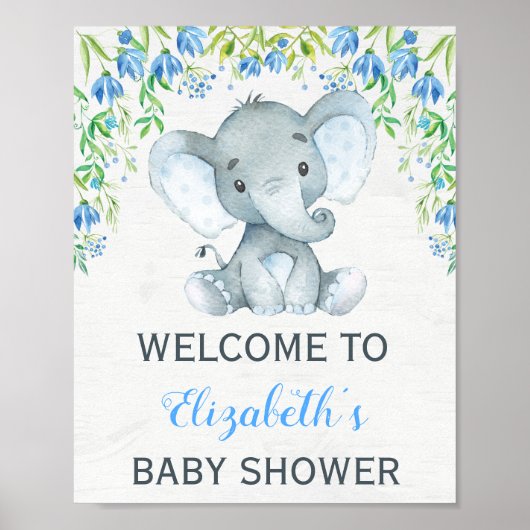 Jongen Elephant Baby shower Welkom Sign Blue Flora Poster (Voorkant)