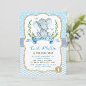 Jongen Elephant Birthday Party Blue & Gold Invite Kaart (Staand voorkant)
