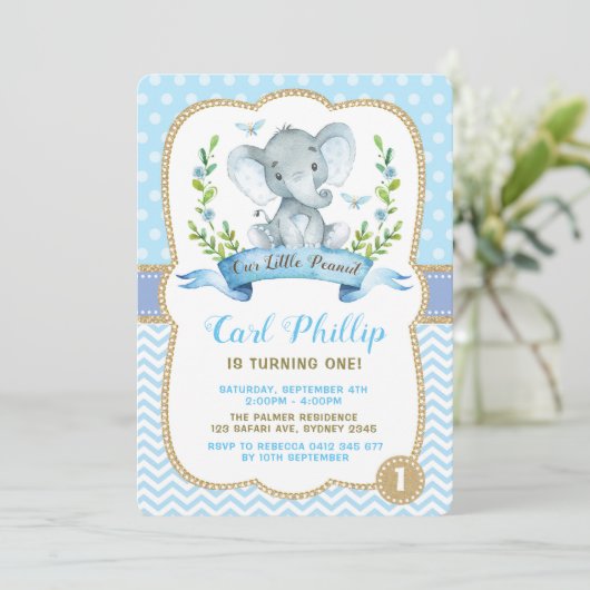 Jongen Elephant Birthday Party Blue & Gold Invite Kaart (Staand voorkant)