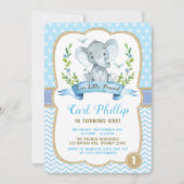 Jongen Elephant Birthday Party Blue & Gold Invite Kaart (Voorkant)