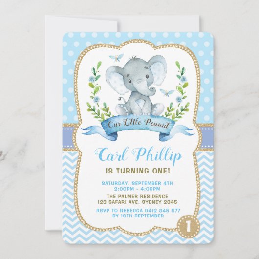 Jongen Elephant Birthday Party Blue & Gold Invite Kaart (Voorkant)