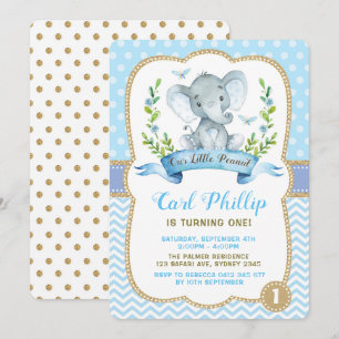 Jongen Elephant Birthday Party Blue & Gold Invite Kaart