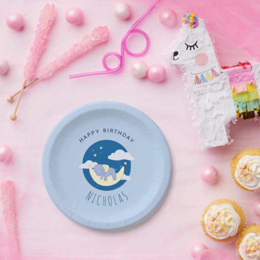 Jongen Elephant Blue Droy Kids Birthday Party Papieren Bordje (Feest)