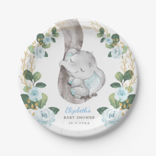 Jongen Elephant Blue Gold Floral Greenery Baby sho Papieren Bordje