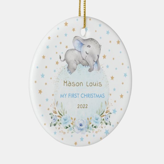 Jongen Elephant Blue Gold Stars Baby 1 kerst Keramisch Ornament (Rechts)