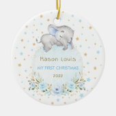 Jongen Elephant Blue Gold Stars Baby 1 kerst Keramisch Ornament (Voorkant)