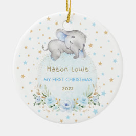 Jongen Elephant Blue Gold Stars Baby 1 kerst Keramisch Ornament