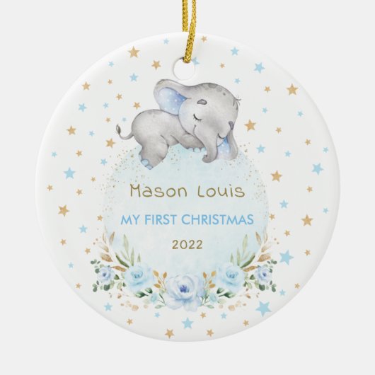 Jongen Elephant Blue Gold Stars Baby 1 kerst Keramisch Ornament (Voorkant)