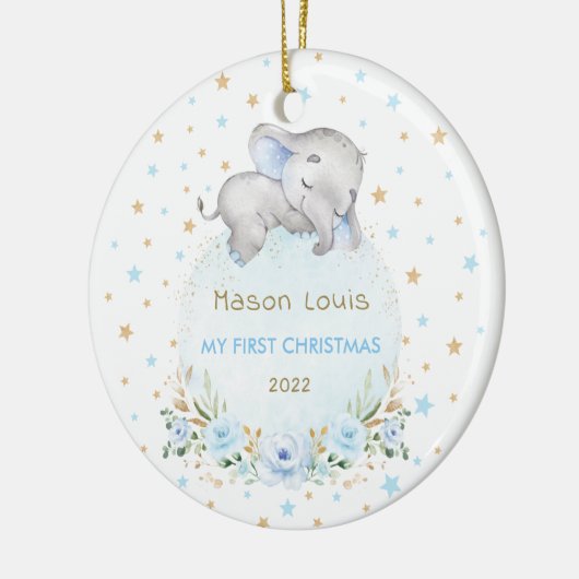 Jongen Elephant Blue Gold Stars Baby 1 kerst Keramisch Ornament (Links)