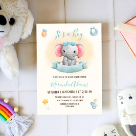 Jongen Elephant Blue Waterverf Baby shower Kaart