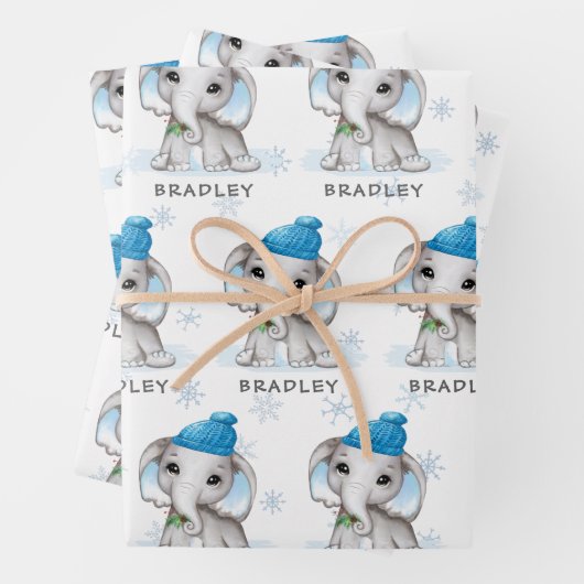 Jongen Elephant Blue Winter Kerstmis op maat Inpakpapier Vel (In situ)