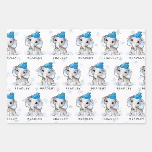 Jongen Elephant Blue Winter Kerstmis op maat Inpakpapier Vel (Voorkant)