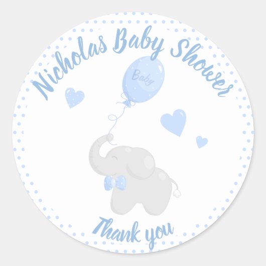 Jongen Elephant Dank je Blue Baby shower Favor Ronde Sticker (Voorkant)