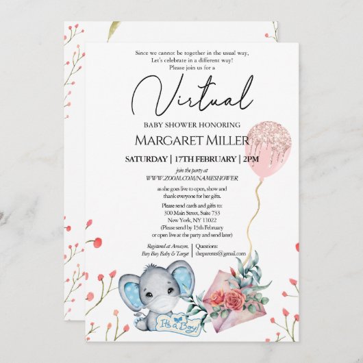 Jongen Elephant Gold Glitter-ballon - Virtuele Sho Kaart (Voorkant / Achterkant)