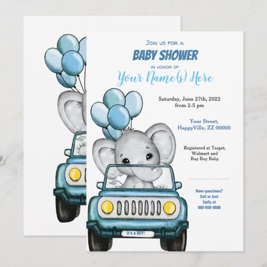 Jongen Elephant in Baby shower Uitnodiging auto (Voorkant / Achterkant)