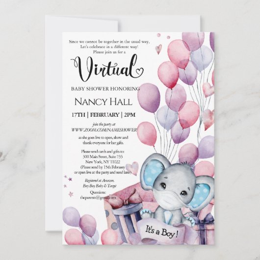Jongen Elephant Pink-ballonnen Virtueel Baby showe Kaart (Voorkant)