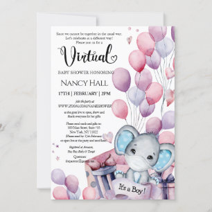 Jongen Elephant Pink-ballonnen Virtueel Baby showe Kaart