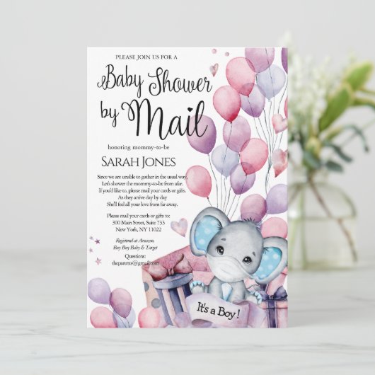 Jongen Elephant Pink Balloons Baby shower door Mai Kaart (Staand voorkant)