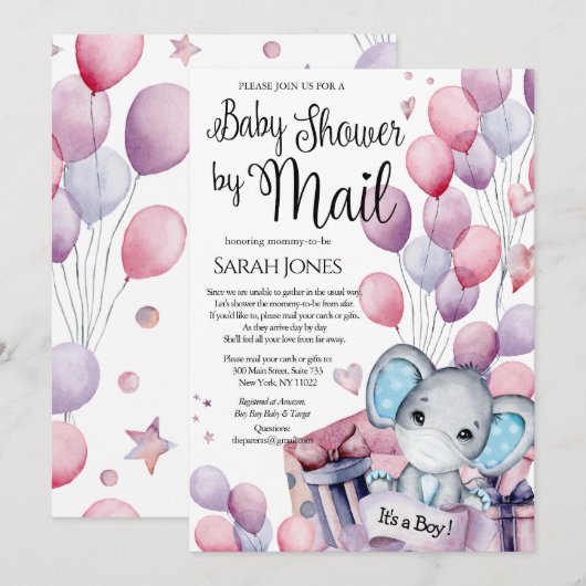 Jongen Elephant Pink Balloons Baby shower door Mai Kaart (Voorkant / Achterkant)