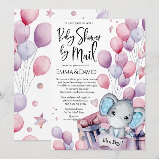Jongen Elephant Pink Balloons Baby shower door Mai Kaart (Voorkant / Achterkant)