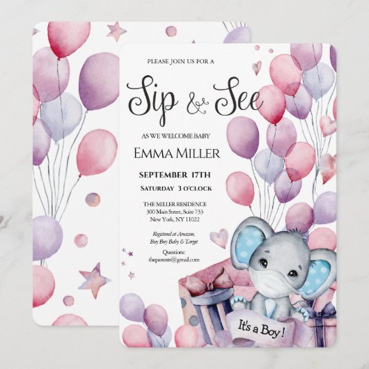 Jongen Elephant Pink Balloons Baby Sip en See Kaart (Voorkant / Achterkant)