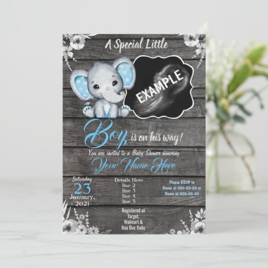 Jongen Elephant Ultrasound Photo Invitation Blue Kaart (Staand voorkant)