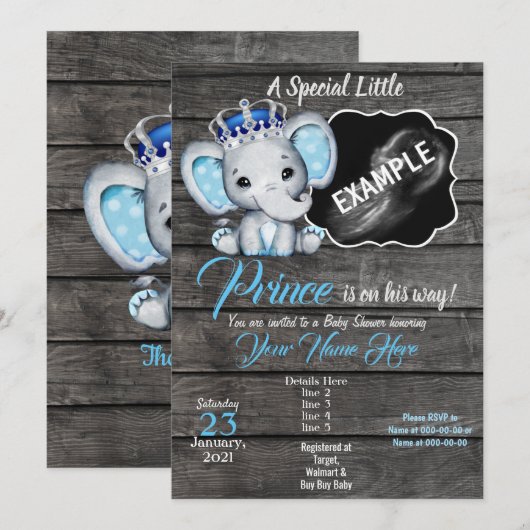 Jongen Elephant Ultrasound Photo Invitation Blue Kaart (Voorkant / Achterkant)